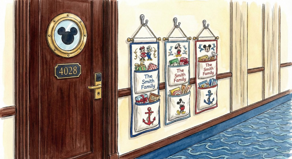 Fish Extenders hanging outside stateroom doors on a Disney cruise