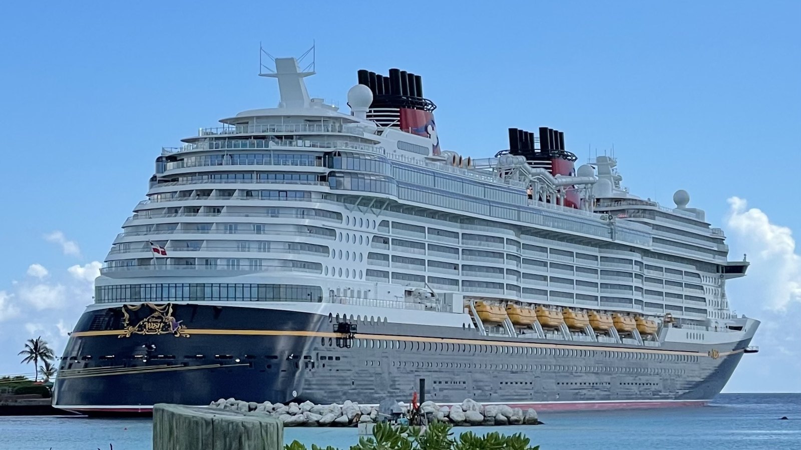 A Disney ship moored off Castaway Cay